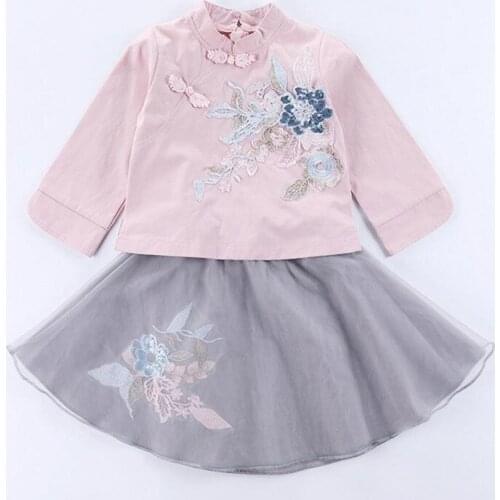 DFXD Children Girls Clothing Set 2018 Autumn Chinese Style National Wind Pink Long Sleeve Flower Embroidery Top+Mesh Skirt 2pc