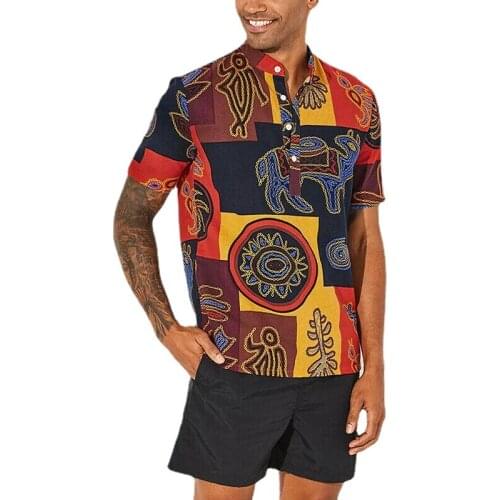 Summer American and European T Shirts Men Short Sleeves Print Tops Fashion Streetwear Button Up Shirt Stand Collar Ethnic 5XL