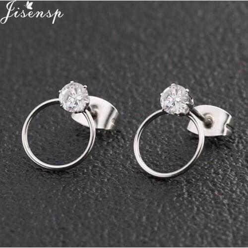 Jisensp Simple Design Round Stainless Steel Earrings for Women Geometric Rhinestone Stud Earrings Fashion Jewelry Gift