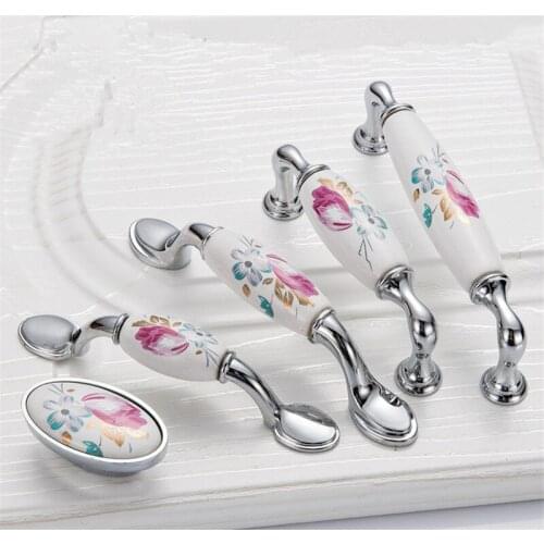 Tulip Ceramic Door Handle Silver Drawer Pulls Vintage Flower Cupboard Kitchen Cabinet Handles and Knobs Furniture handle