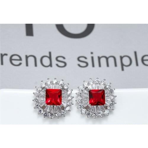 Classic Female Red Square Crystal Earrings Cute Rainbow Flower Stud Earrings Rose Gold Silver Color Wedding Earrings For Women
