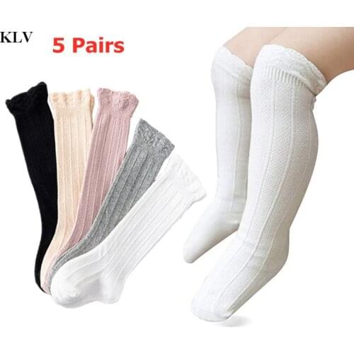 KLV 5 Pairs Baby Girls Boys Uniform Knee High Socks Tube Ruffled Solid Color Stockings Infants Toddlers Socks