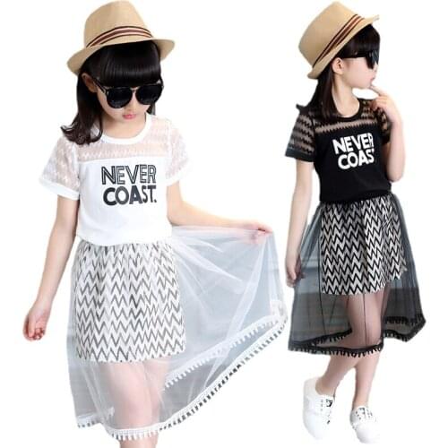 New Summer Kids Girls Endless Skirt Lace +short Sleeve T Shirt 2 Piece Set 4-12 14 Ages Kids Sets