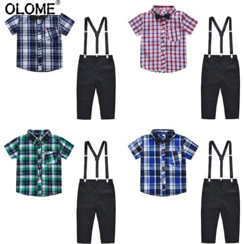 OLOME Boys Shirt Sets Formal Children Suspenders Pants +Plaid Blouse Summer Short Sleeve Kid Boy Clothing 2PCS Gentleman Costume