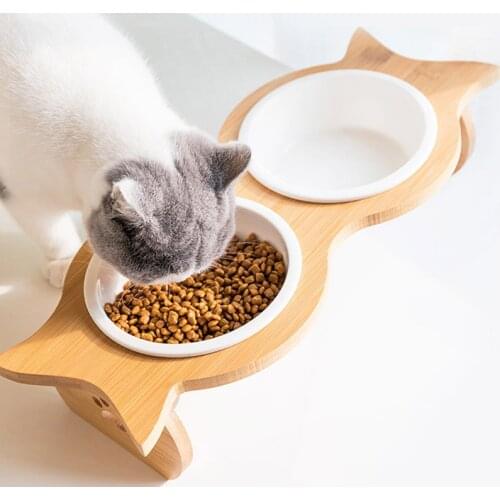 Cat Double Ceramic Stainless Steel Bowl High Foot Slope To Protect Cervical Spine Stable Bamboo Shelf Not Easy To Move Cat Bowl