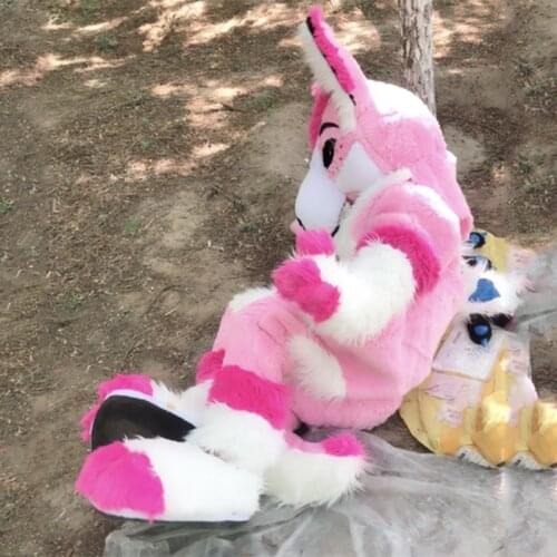 Mid-length Fursuit Outfit Pink Fox Dog Mascot Costume Cosplay Costume Party Dress Suit Doll Halloween Costumes for Women and Men