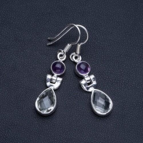Natural Amethyst and White Topaz Boho Style 925 Sterling Silver Drop Earrings 1 1/2" R1692