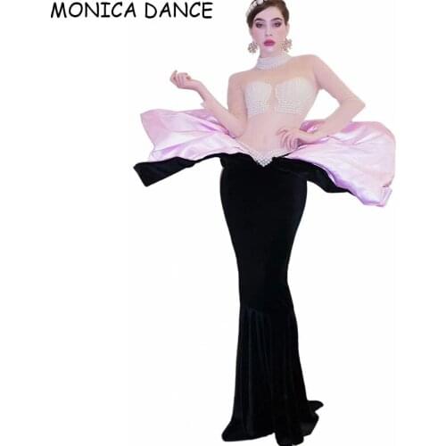 Nightclub Women Sexy Stage Pearls Transparent Sleeves Dress Women Birthday Celebrate Long Dress Bar Dancer Show Outfit Dress