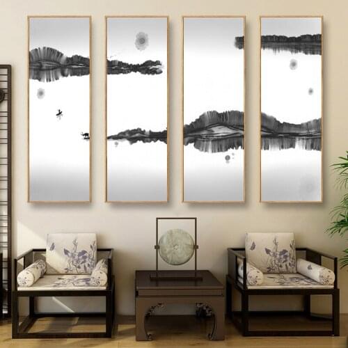 New Chinese Canvas Art Ink Paintings Black and White Mountain Landscape Posters Prints Abstract Wall Art Living Room Home Decor