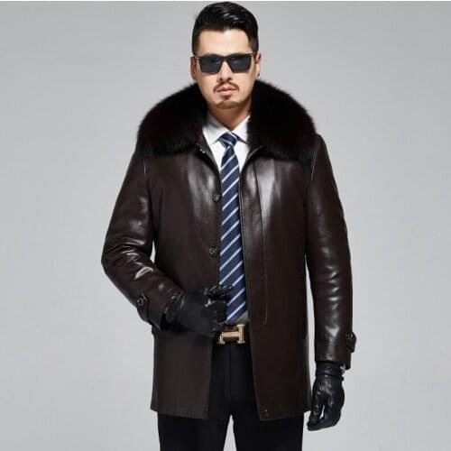 Middle aged old mens middle and long sheep pigskin coat with detachable Rex Rabbit Fur liner