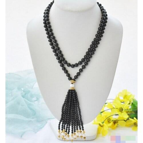 8mm black stone bead white round pearl necklace AAA