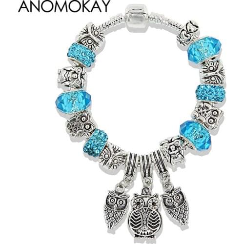 Blue Crystal Charm Bracelet & Bangle Silver Plated Owl Pendant Bead Bracelet DIY Animal Jewelry Creative Gift for Child Gift
