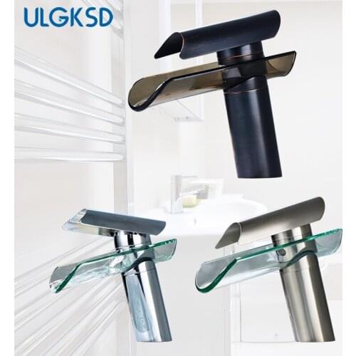 Basin Faucet Waterfall Spout Glass Solid Brass Deck Counter-top Sink Faucets Single Handle Cold and Hot Mixer Tap