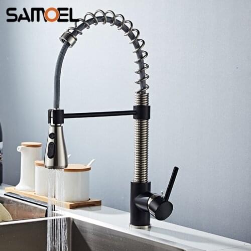 Modern Brass Pull Out Black Kitchen Sink Faucet Single Hole Brushed Nickel Spring Kitchen Cold Hot Water Mixer Tap B3422