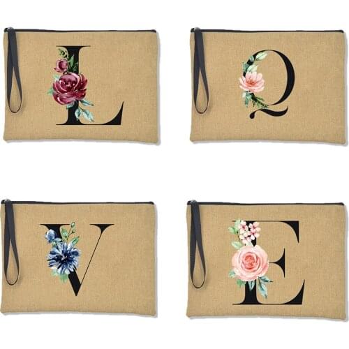 Floral Alphabet Ladies Casual Cosmetic Bag Reusable Lipstick Wrist Bag Harajuku Fashion Travel Toiletry Makeup Handbag for Women