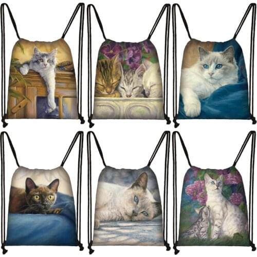 Oil Cat Painting Drawstring Bag Casual Women Shopping Bags High-capacity Shoulder Bag Softback Backpack Shoes Holder