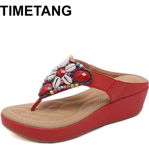 TIMETANGNew Ethnic Style Hot Sale Bohemian Beaded Slope With Large Size 35-42 Sandals Comfortable Shoes Woman Sandals Heel Heigt