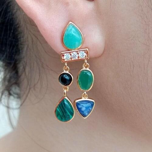 YYGEM Natural geometric Malachite Agate Amazonite Sodalite Onyx CZ Pave Dangle Stud Earrings classic style for women