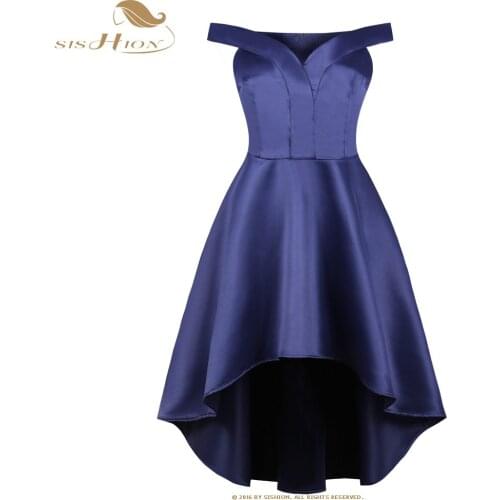 SISHION Women Sexy Party Dress 1771 Sleeveless Slash Neck Navy Blue Light Blue Satin Formal Elegant Dress