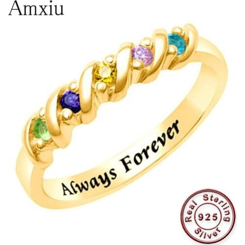 Amxiu Handmade 925 Silver Ring Customize Name Ring with Five Birthstones Colorful Zircon Rings For Women Mothers Special Gift