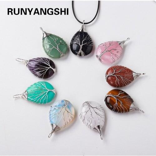 1PC Natural Healing Stone Tree of life Drop shape gem Crystal pendant jewelry Female Necklace Exquisite gifts