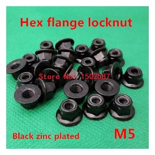 100pcs/lot M5 Hex Flange Nuts Black Zinc Plated Carbon Steel DIN6923 Nylon Lock Nut