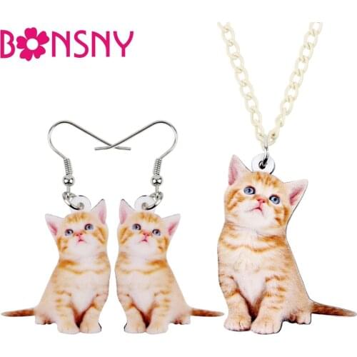 Bonsny Acrylic Jewelry Sets Sweet Cat Kitten Necklace Earrings Pendant For Women Girls Teens Cute Animal Accessories Wholesale