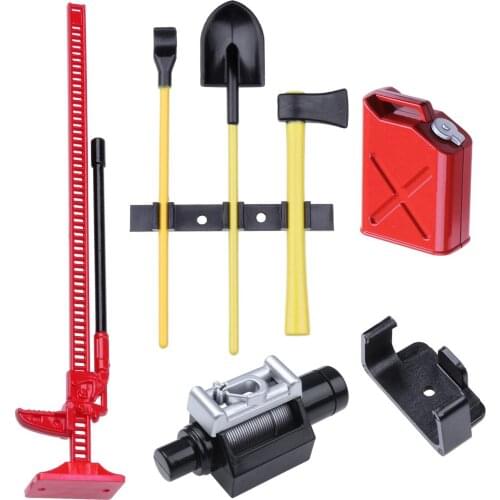 1/10 RC Accessories Decorative Tools Set W/Gas Can, Winch, Jack, Shovel, Axe, Pry Bar for 1:10 Rock Crawler Car D90 TRX4