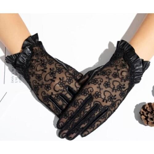 Bickmods New Ladies Black Leather Gloves Semi-lace Mesh Breathable Sheepskin Touch Screen Cycling Driving Gloves