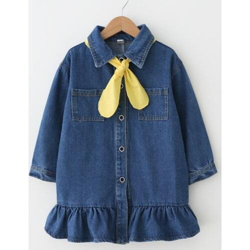 Girls Demin Dress Long Sleeve Autumn Fashion Jeans Dress Turn-down Callor Casual Dress with Tie Winter Wear Clothes