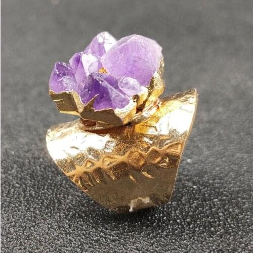 FYJS Unique Light Yellow Gold Color Irregular Shape Amethysts Stone Resizable Finger Ring Rock Crystal Jewelry