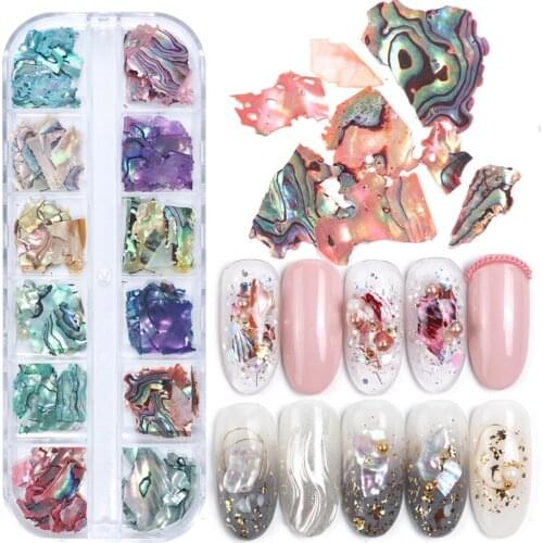12 Grids Shell Slice UV Gel Polish Nail Art Decorations Sequins Irregular Abalone Marble 3d Charm Flake Nail Accessories NFB03
