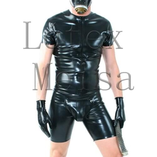 Black tight latex clothing set including t-shirt with zip and short with codpiece and 5 fingers gloves