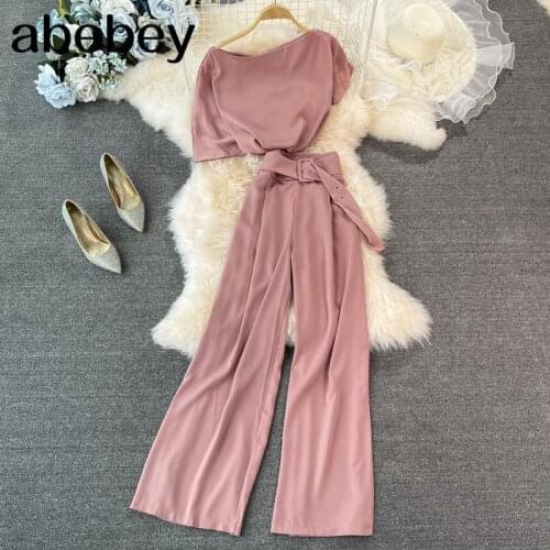 2021 New Summer Fashion slash neck Short Sleeve Shirt Top + high waist lace up waist casual wide leg Pants 2-piece set