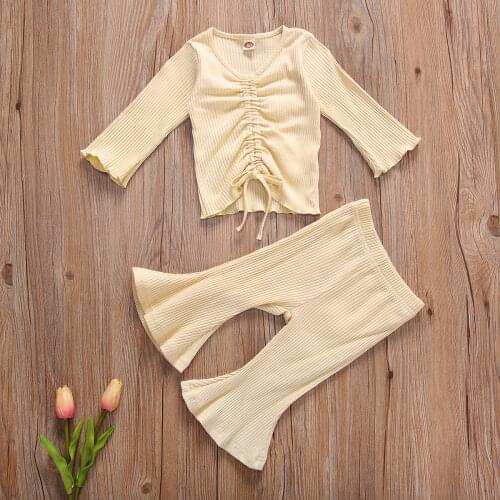 Fashion Baby Girls Flared Sleeve Clothes Suit Solid Ribbed Drawstring Long Sleeves Tops+Pants 2pcs Toddler Outfits Costumes