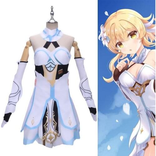 Genshin Impact Cosplay Costume Traveler Lumine Dress Cosplay Sets Costume Stockings Gloves For Women Girl cos Party Halloween