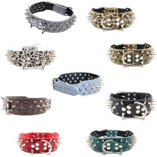 Leather Spiked Studded Dog Collar 2" Wide, 25 Spikes 44 Studs, Pit Bull, Boxer-Black M