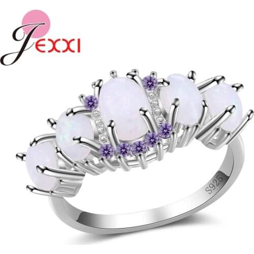 Fashion White Opal Stones Filled 925 Sterling Silver Rings Jewelry For Women Paved Purple Clear CZ Female Anniversary Gift
