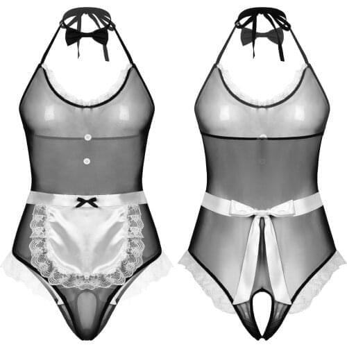 Mens Sissy Maid Dress Costumes Club See-Through Mesh Lingerie Backless Lace Trim Crotchless Sissy Bodysuit with Apron Bow Tie