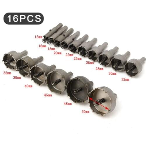 15-50mm 16pcs HSS Hole Saw Set Tungsten Carbide Tip TCT Core Drill Bit Hole Saw for Metal Stainless Steel Cutter Hole Openner