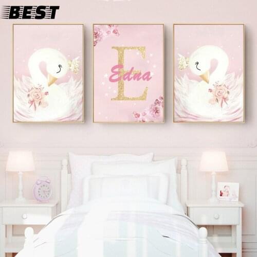 Baby Girl Nursery Wall Art Canvas Painting Pink Swan Cartoon Posters Nordic Kids Decoration Pictures Children Bedroom Decor