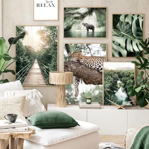 Jungle Landscape Wall Art Poster Print Forest River Leopard Elephant Green Palm Leaves Canvas Painting Decoration Room Pictures