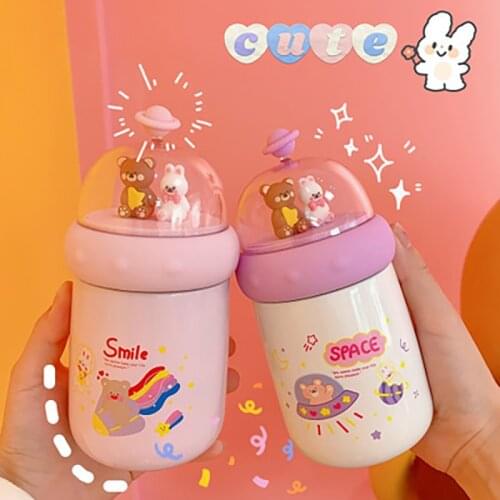 OAPE 350ml INS Simple Lovely Cartoon Bear Thermos Student Portable Over Type Korean Fresh Water Bottle Large Capacity Girl Cup