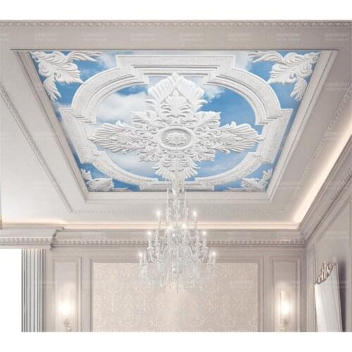 Beibehang Custom hotel villa ceiling wallpaper 3d white European carved blue sky white clouds ceiling background wall wallpaper