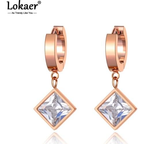 Lokaer Bling Style Titanium Stainless Steel Square CZ Crystal Hoop Earrings Trendy Rhinestone Earrings Jewelry For Women E20157