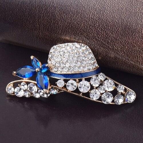 USTAR Fashion Hat brooches for women pins gold color blue rhinestone lapel brooch pin broche christmas gifts top quality