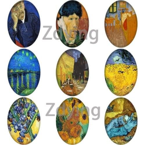 Zdying Van Gogh Oil Painting Sunflower Starry Sky Oval Glass Art Picture Cabochons Beads DIY Keychain Pendant Jewelry Findings