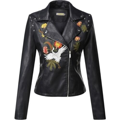 New Autumn Embroidered Faux Leather Jacket Women Short Motorcycle PU Leather Jackets Turn-down Collar Zipper Biker Outwear Tops