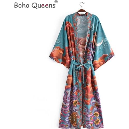 Boho Queens women star floral print bat sleeve beach Bohemian kimono dresses robe Ladies V neck Summer Boho bikini cover-ups