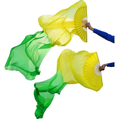 2018 High selling 100% Real Silk Veils 1 Pair handmade women Quality Silk Belly Dance Fan Dance yellow + green